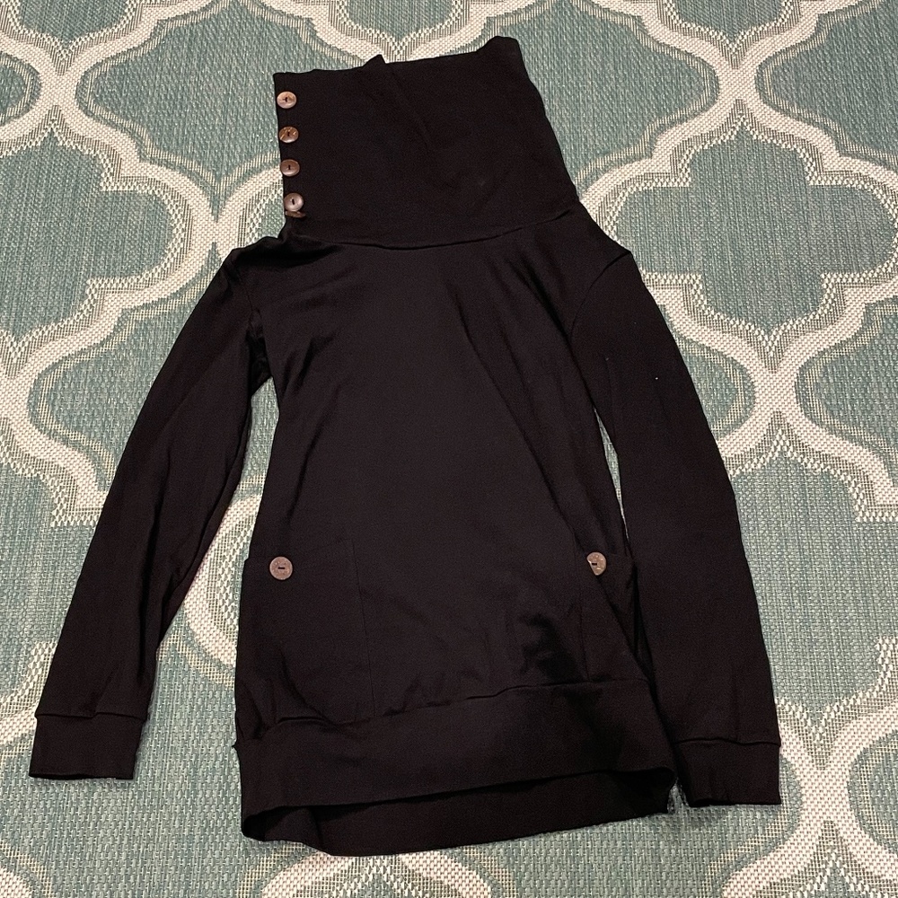 NWT Black Tunic with Cowl Neck, Pockets and Brown Tagua Look Buttons Size Large